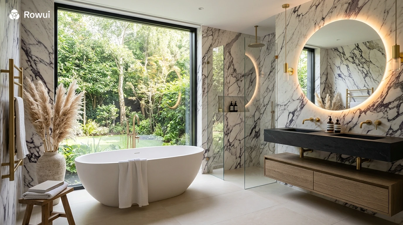 Luxury bathroom with Calacatta Viola marble wall cladding, sculptural freestanding bath, floating double vanity in honed black slate and frameless glass shower