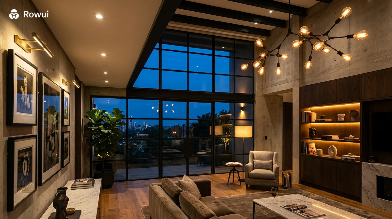 Double-height luxury living room at dusk showing layered lighting including recessed downlights, integrated LED niches, sculptural chandelier and floor lamp