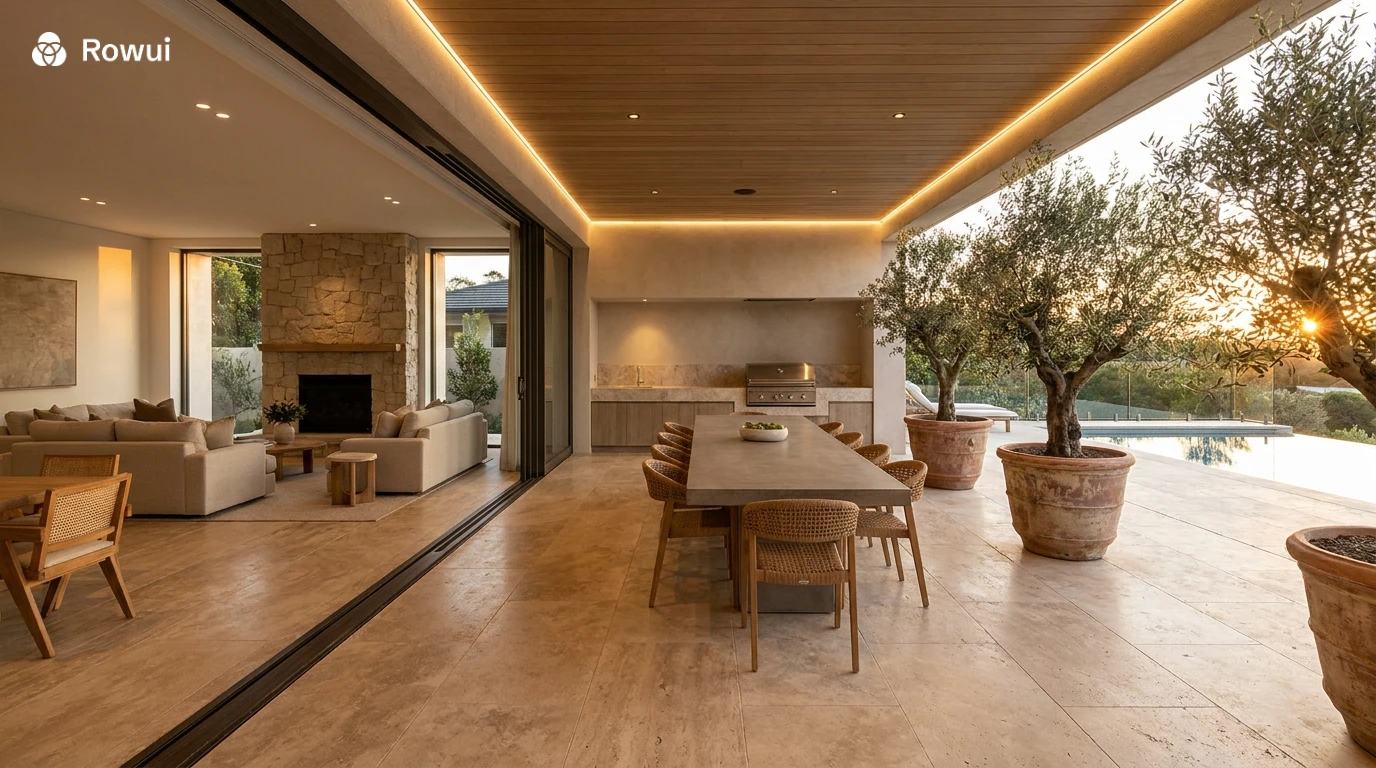 Luxury indoor-outdoor terrace connected to living room through retractable floor-to-ceiling glass doors with continuous travertine flooring, outdoor dining table, mature olive trees and pool beyond