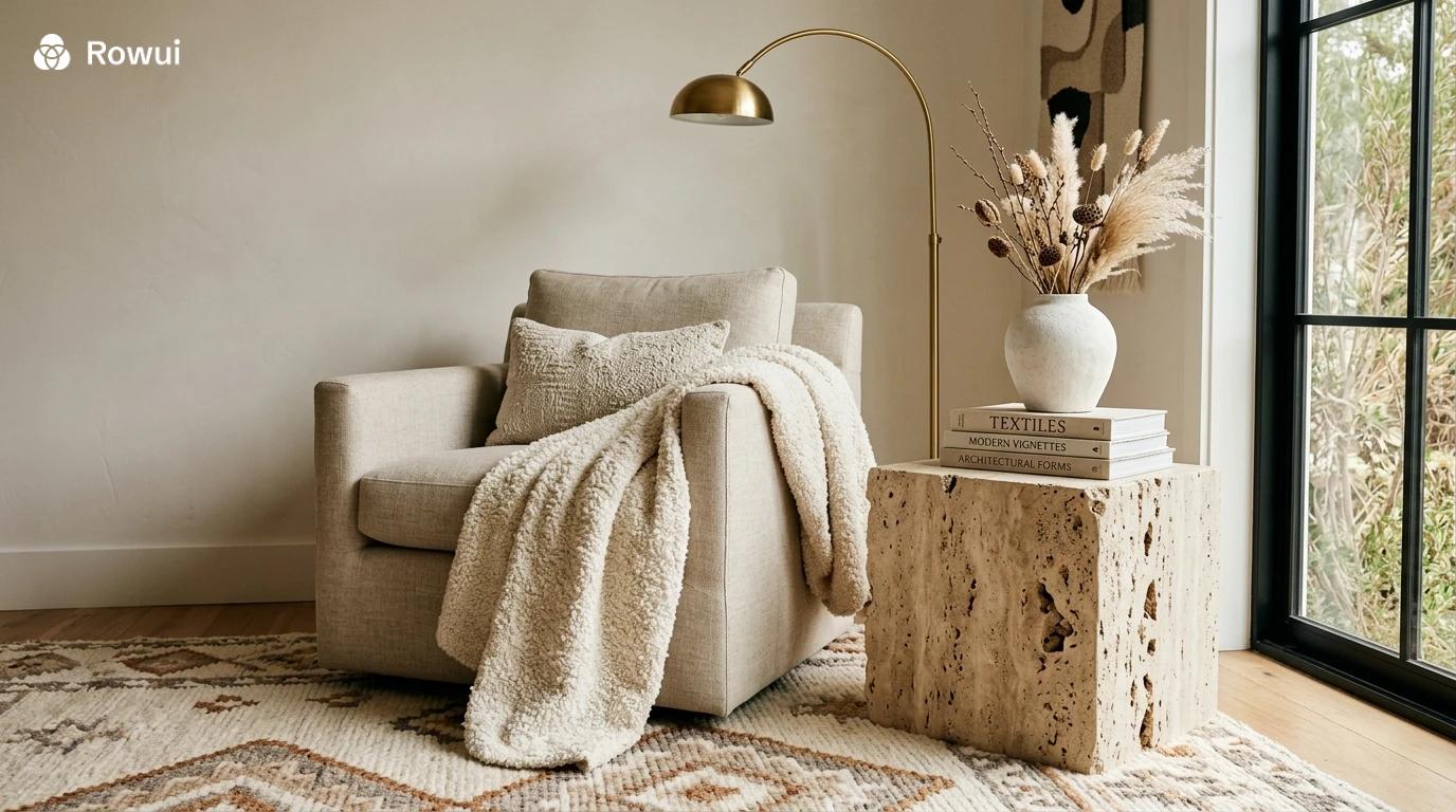 Luxury living room vignette with travertine side table, bouclé throw over linen armchair, hand-knotted wool rug, ceramic vase with dried grasses and curved brass floor lamp
