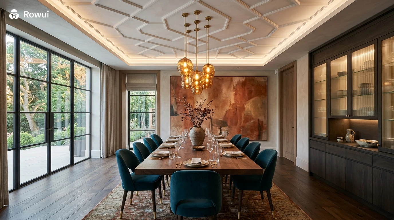 Contemporary luxury dining room with plaster coffered ceiling, solid walnut dining table, teal velvet dining chairs with brass legs, amber glass pendants and abstract artwork