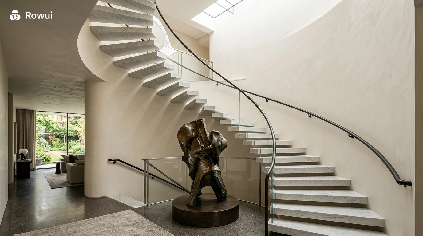 Luxury cantilevered stone staircase in honed Bianco Carrara marble with continuous blackened steel handrail, Italian plaster walls and overhead skylight flooding the stairwell with natural light