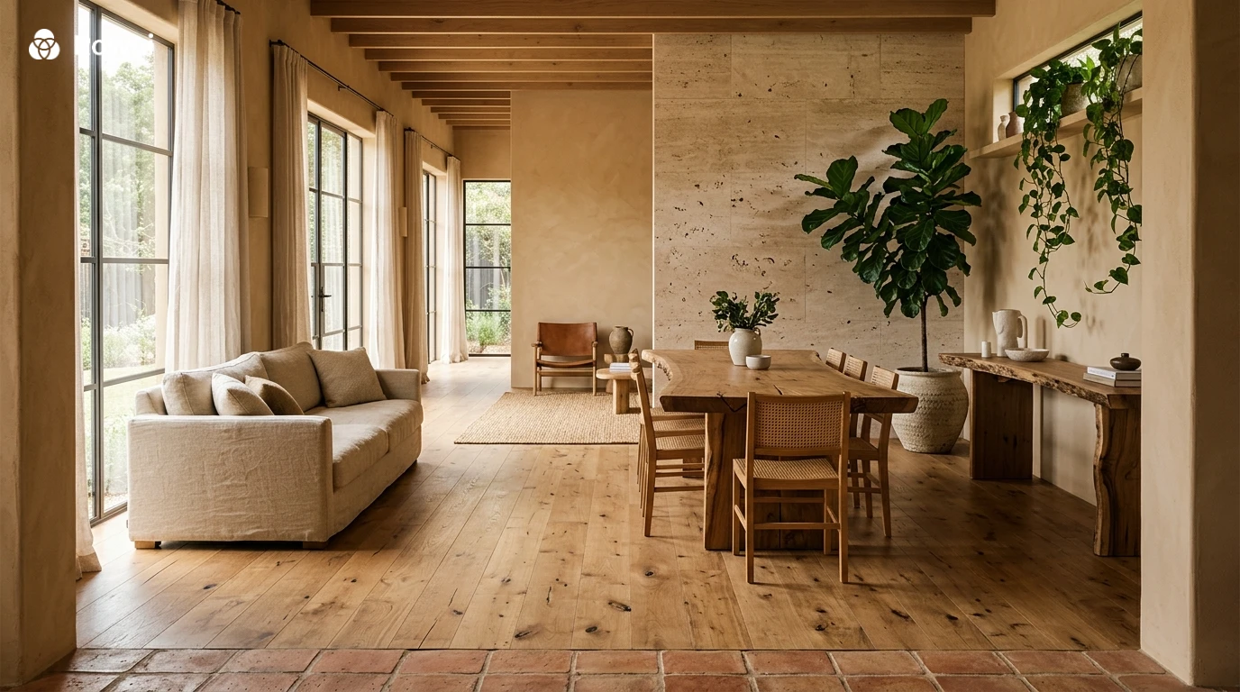 Luxury sustainable interior design with reclaimed oak flooring, raw travertine wall panels, handmade terracotta tiles, undyed linen sofa, recycled elm live-edge dining table and indoor plants
