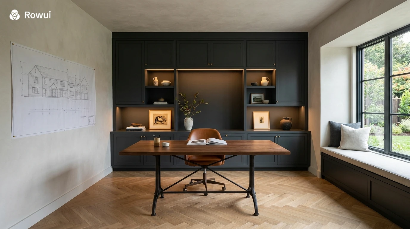 Luxury home study with bespoke charcoal matte lacquer joinery, walnut writing desk, cognac leather chair, garden view window seat and curated ceramic objects on open shelving