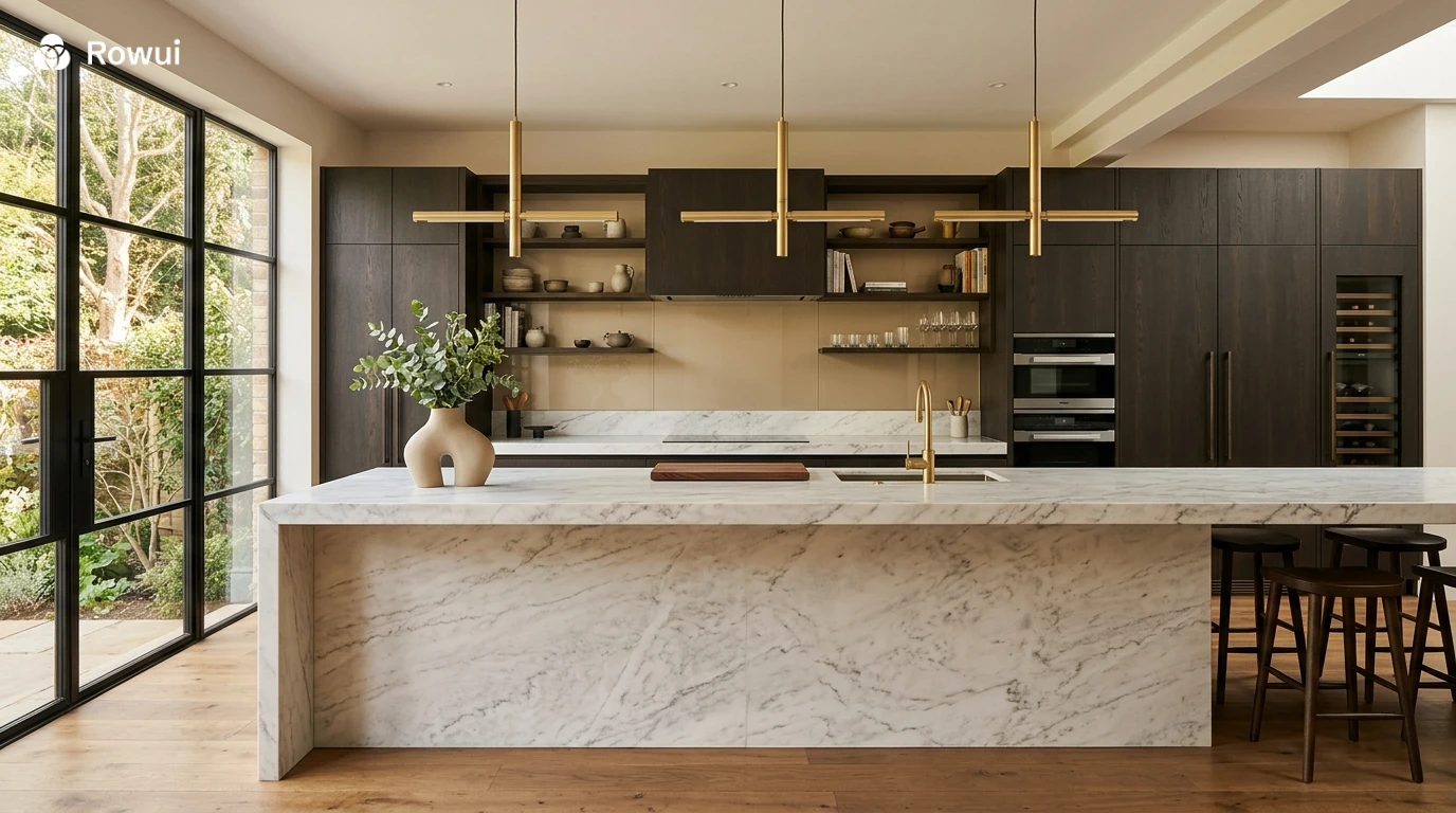 Close-up luxury interior details including solid brushed brass door handle on flush painted door, recessed shadow gap with LED strip, push-to-open oak cabinet and hand-stitched leather drawer pull