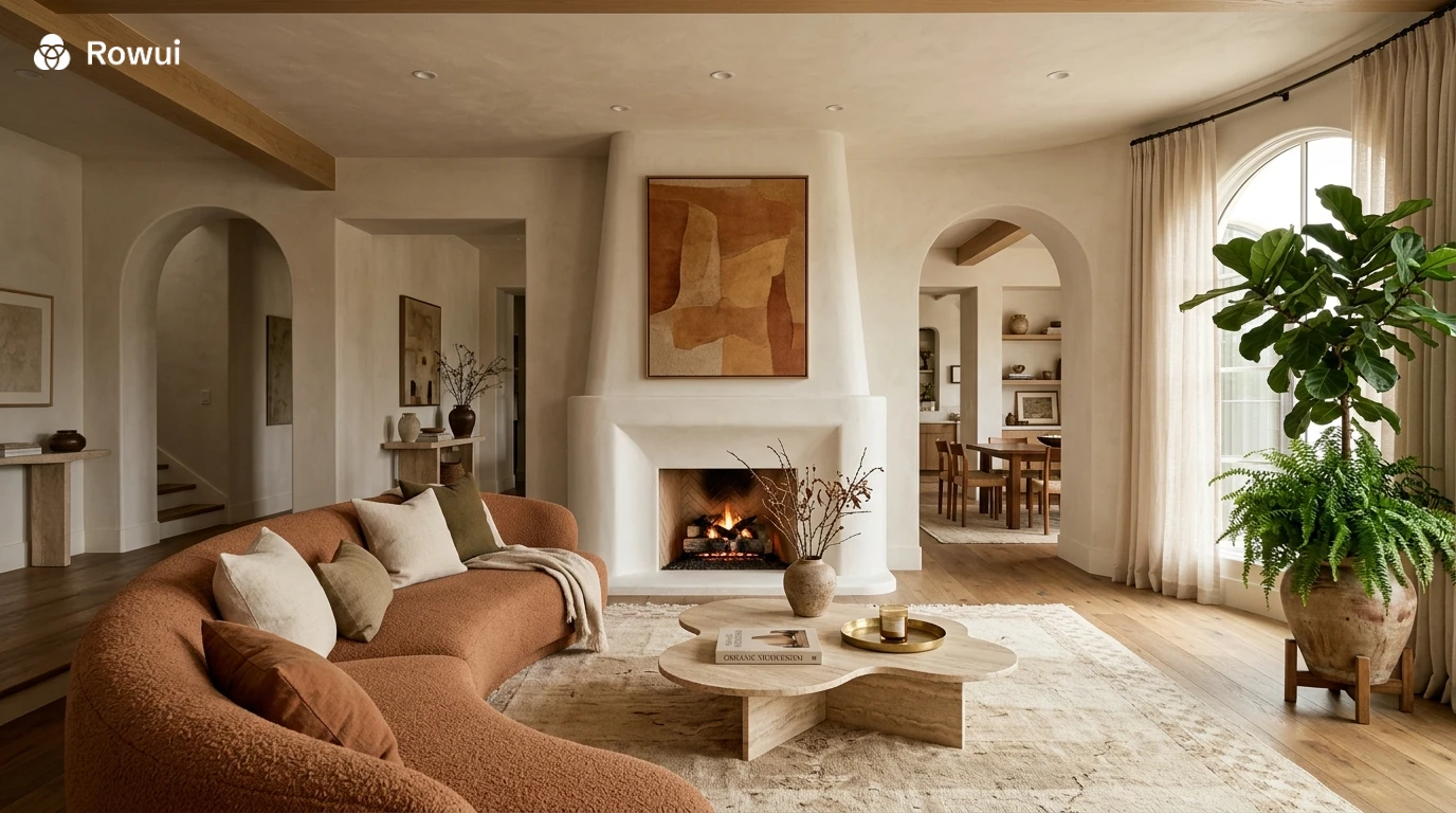 Organic modern luxury living room with curved plaster fireplace, terracotta bouclé curved sofa, asymmetric travertine coffee table, indoor plant in ceramic pot and large abstract earth-tone artwork