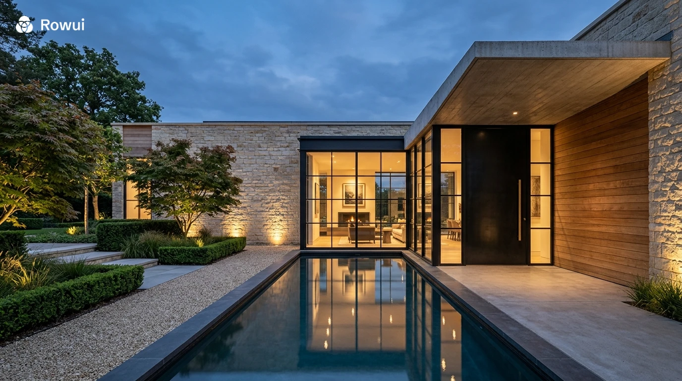 Luxury home exterior facade at dusk with natural limestone cladding, brushed timber details, cantilevered concrete entrance canopy, clipped box hedges, gravel path, pivot door in blackened steel and reflection pool