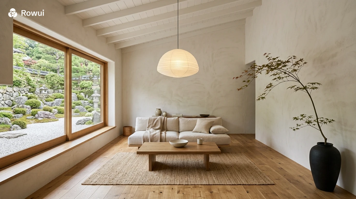 Japandi living room with warm timber floors, white walls, low furniture and soft natural light