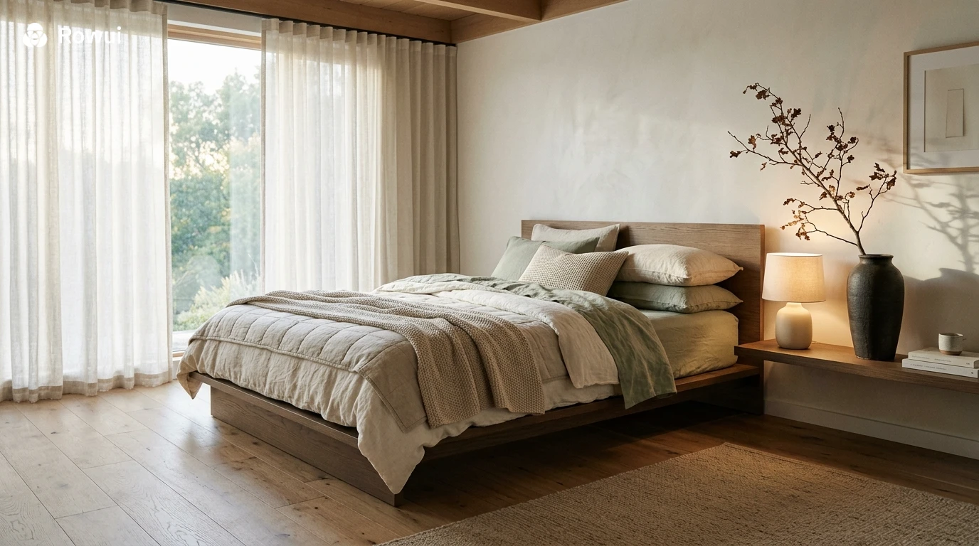 Japandi bedroom with low platform bed in smoked oak, linen bedding and a single branch in a ceramic vase