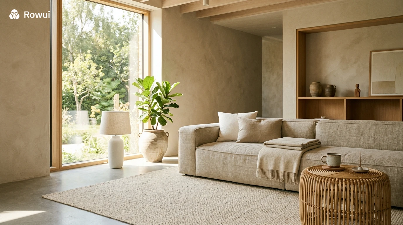 Japandi living room interior with low linen sofa, rattan side table, textured plaster walls and warm ambient lighting