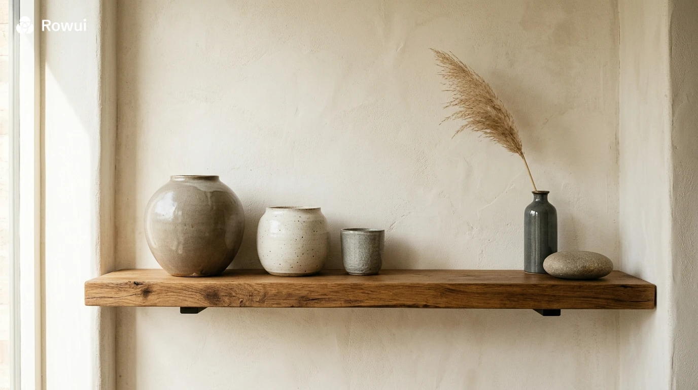 Japandi shelf styling with hand-thrown ceramic vessels, dried grasses and a smooth stone against a limewashed wall