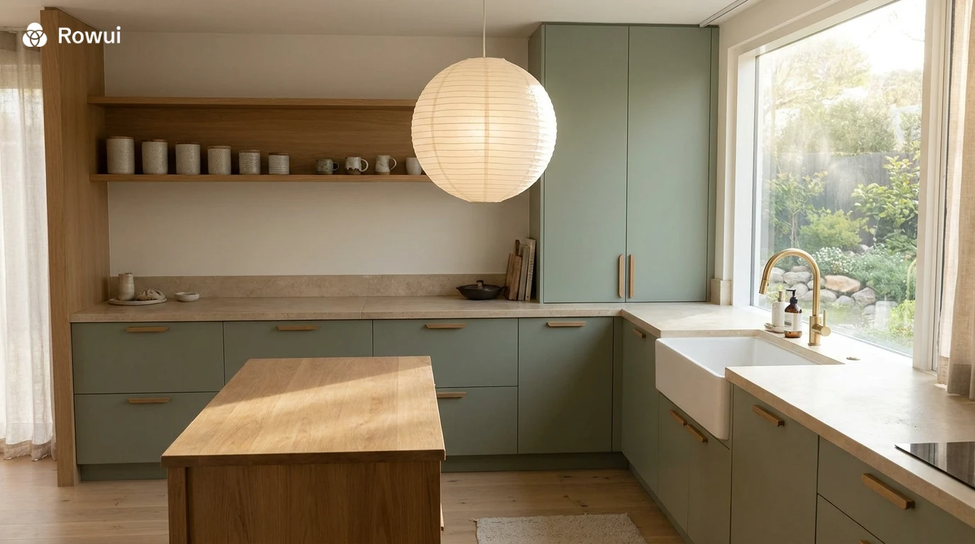 Japandi kitchen with sage green cabinetry, timber open shelving, stone countertops and warm pendant lighting