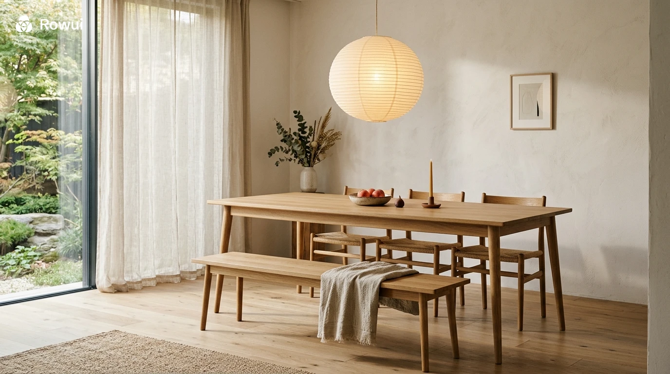 Japandi dining room with solid oak table, rush seat chairs, washi paper pendant and warm natural light from side windows