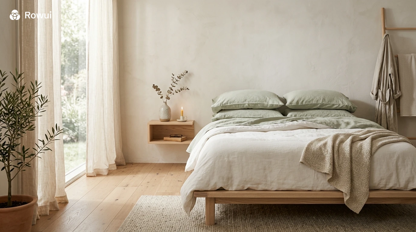 Japandi bedroom interior with low platform oak bed, layered linen bedding and morning light through sheer curtains