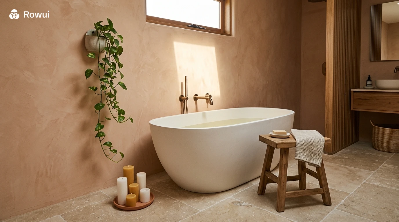 Japandi bathroom with tadelakt plaster walls, freestanding stone bath, teak accents and soft candlelight atmosphere