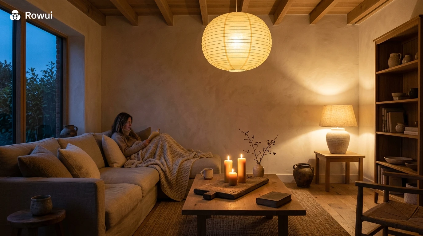 Japandi interior at dusk with layered warm lighting from ceramic table lamp, pendant and candlelight creating soft ambient glow
