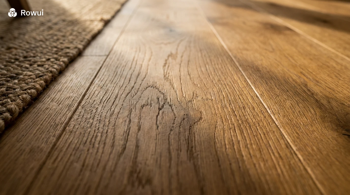 Close detail of oiled oak floor boards, natural grain and matte finish in warm afternoon light in a Japandi home