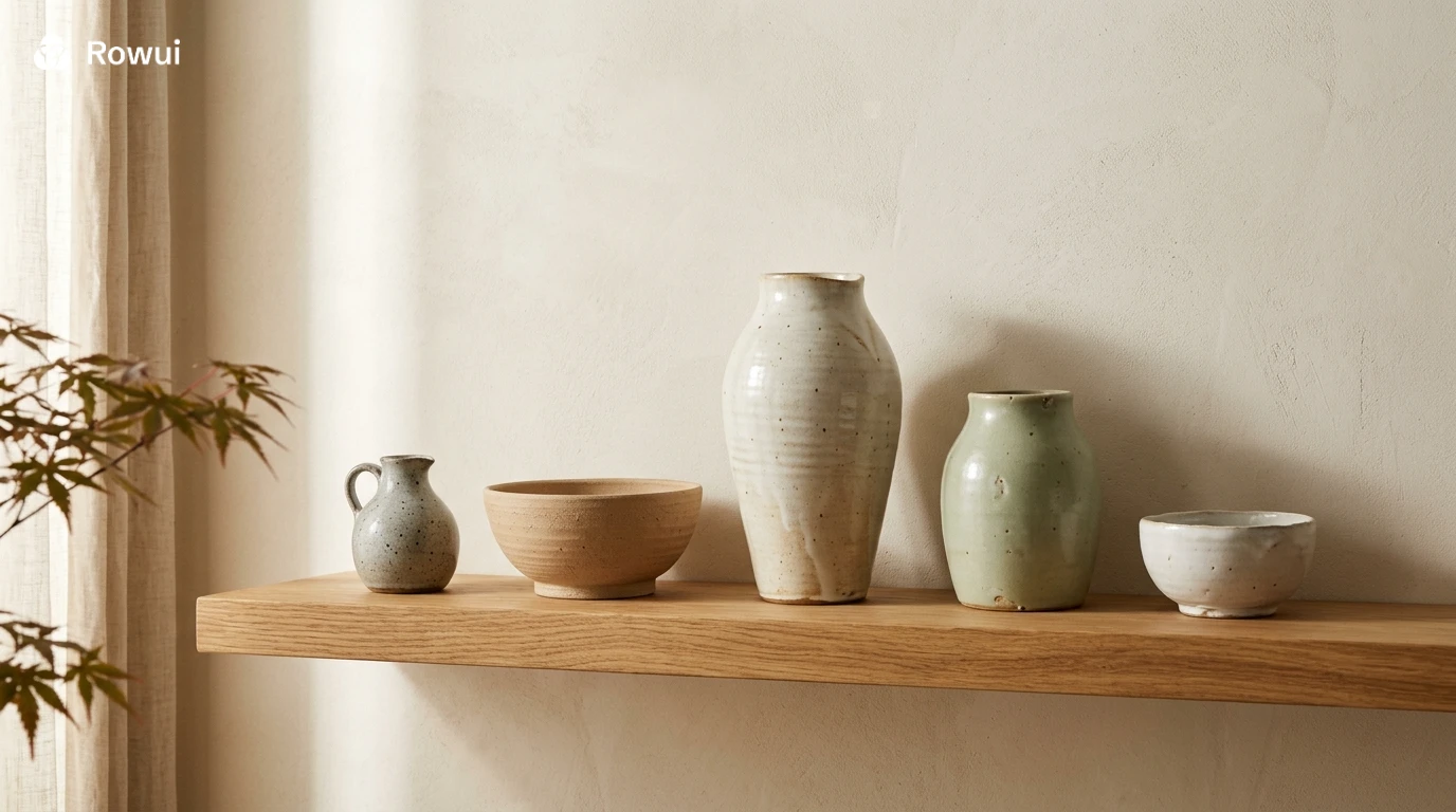 Collection of handmade ceramic bowls and vases in warm clay tones and sage glaze arranged on a timber shelf in a Japandi home