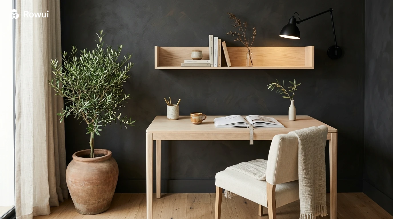 Japandi study room in deep charcoal with ash timber desk, cream linen chair and terracotta ceramic accessories