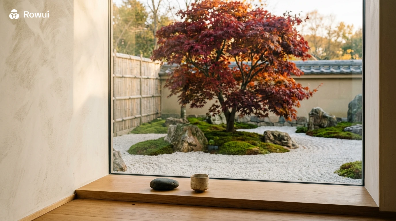Japandi interior with floor-to-ceiling window framing a simple Japanese garden with raked gravel and bamboo in autumn light