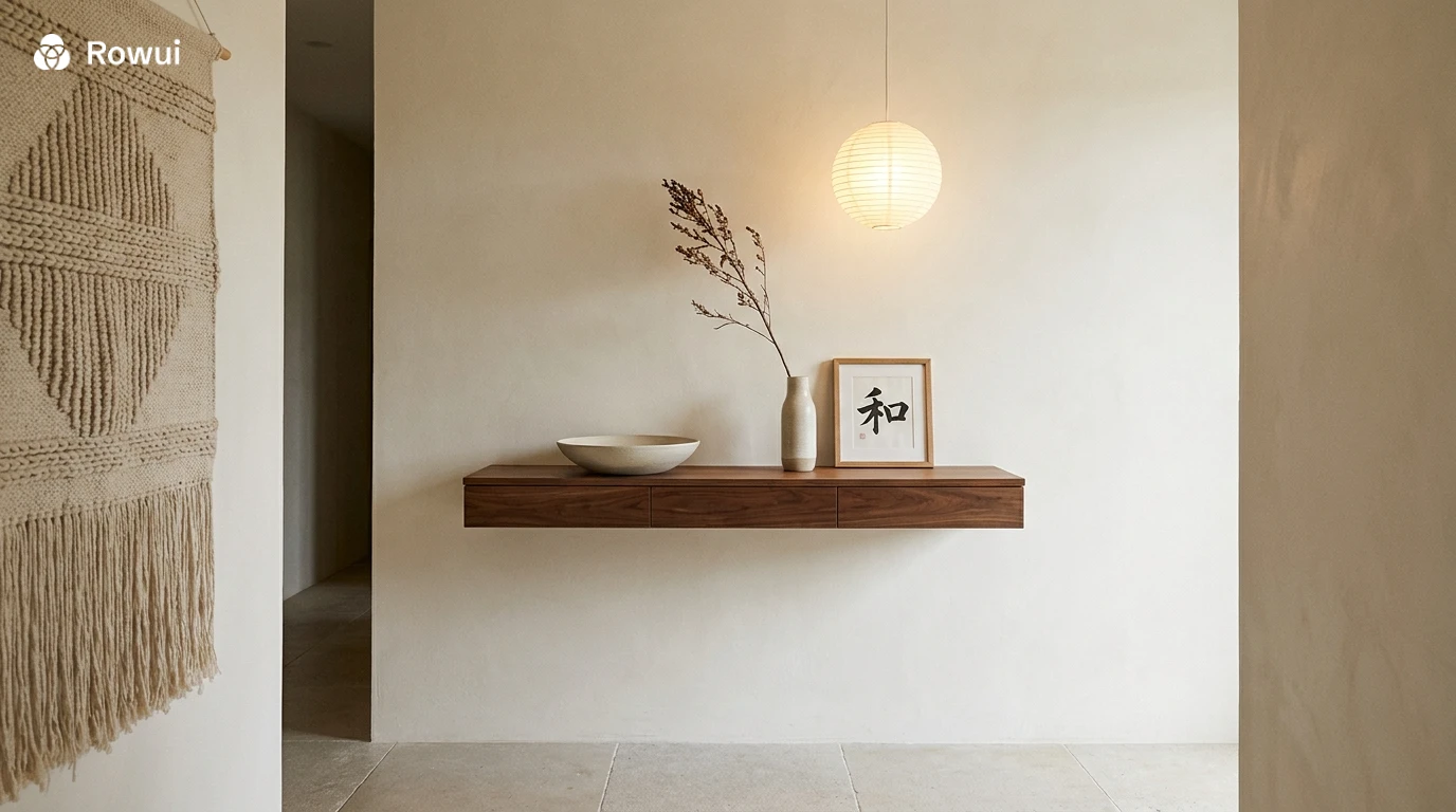 Japandi hallway entrance with timber console, single ceramic bowl, woven wall hanging and warm ambient pendant lighting