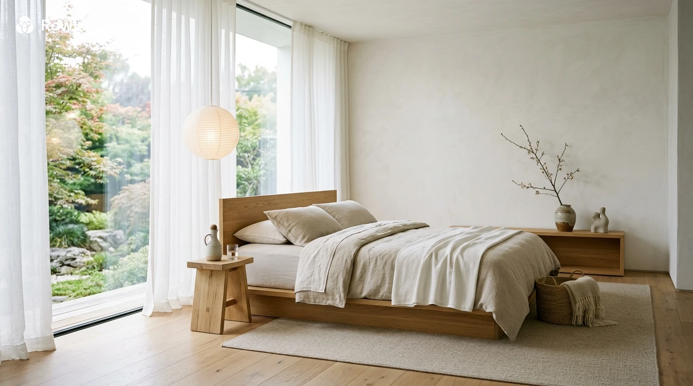 Perfectly composed Japandi living space at golden hour with warm light, natural textures and a single dried floral arrangement on a timber console