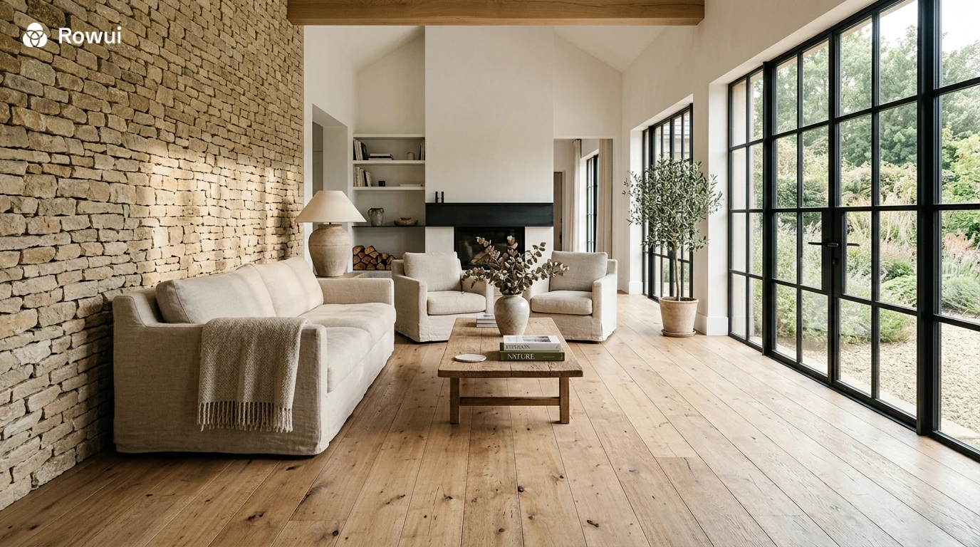 Sunlit living room with natural timber flooring and stone accents