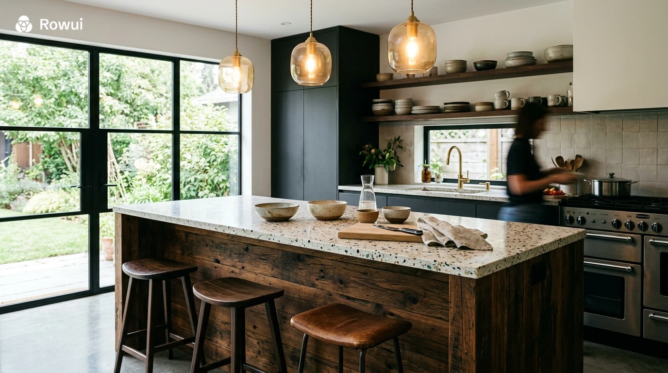 Kitchen island made from reclaimed timber with recycled terrazzo countertop