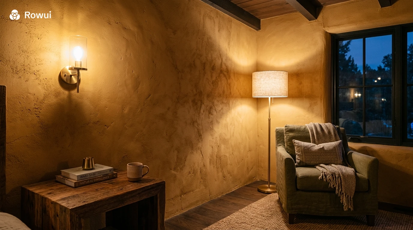 Layered LED lighting highlighting a clay plaster wall in a warm interior