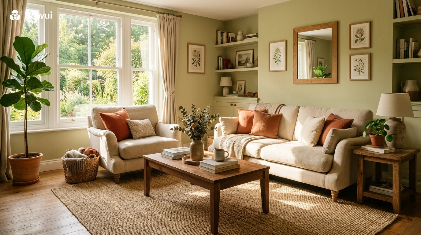 Sage green living room with natural linen furniture and warm afternoon light