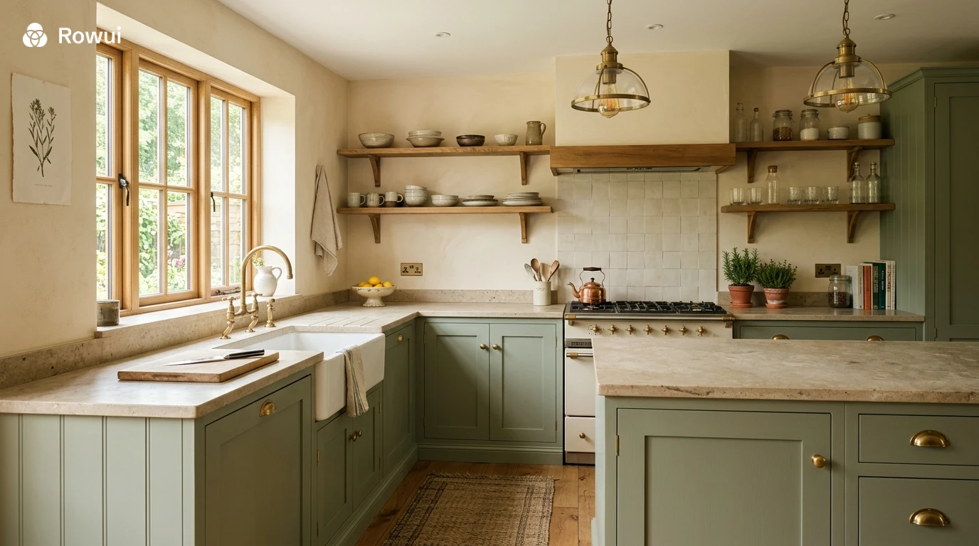 Contemporary kitchen with sage green cabinetry, brass hardware and stone worktop